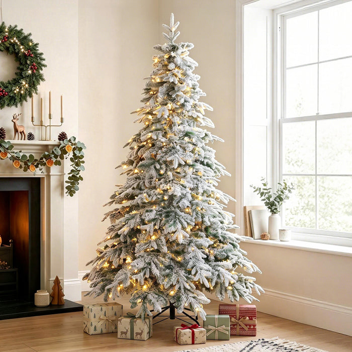 HOMCOM 7ft Prelit Flocked Christmas Tree, Downswept Hinged Xmas Tree