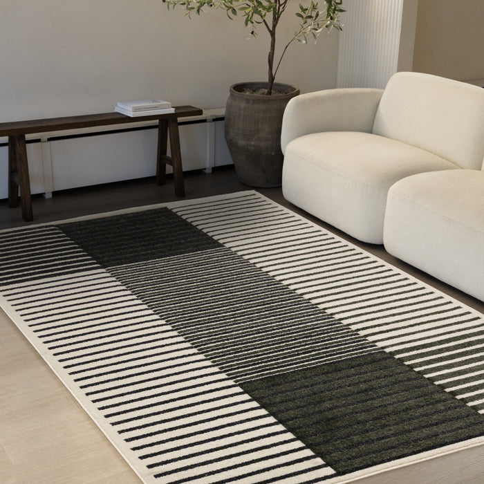 Maverick Green Black White Modern Striped Design Rug, 7'10\" x 10'6\" Indoor Area Rug