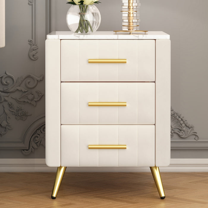 Dylan Upholstered Wooden Nightstand with 3 Drawers and Metal Legs,Beige