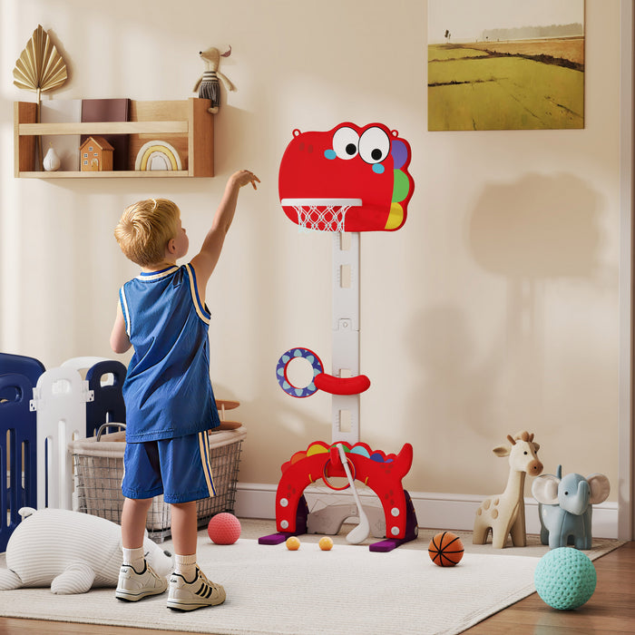 Qaba 5-in-1 Toddler Basketball Hoop, 4.4-5 ft Adjustable Height Basketball Goal with Soccer, Golf, Ring Toss & Throw Ball Game Birthday Gift for Boys Girls 3-6 Years Indoor, Red