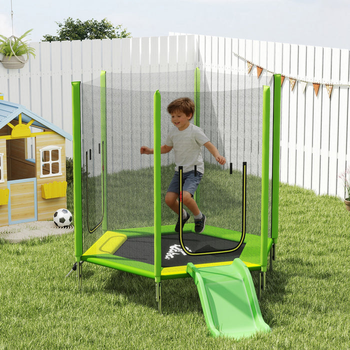 Qaba 85\" Trampoline for Kids, Indoor & Outdoor Toddler Trampoline with Slide, Ladder and Safety Enclosure, for Jumping, Sliding, and Playing, for Boys & Girls Ages 3+, Green