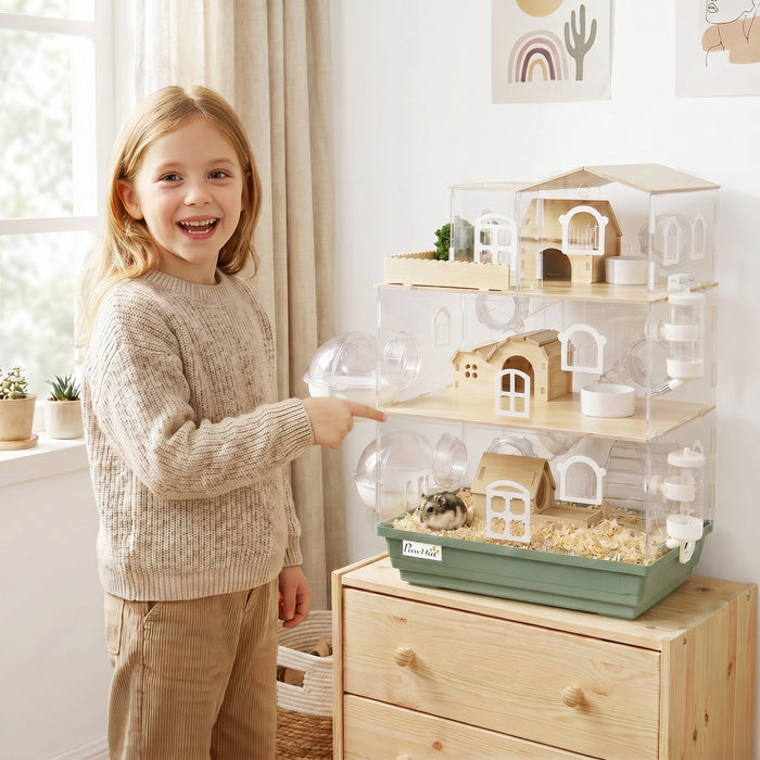 PawHut Large Hamster Cage, 3 Tiers Acrylic Hamster Habitat with Water Bottles, Dishes, Running Wheel and External Bathrooms for Pet Mice, Dwarf Hamster, 13.4\" L x 9.8\" W x 20.5\" H