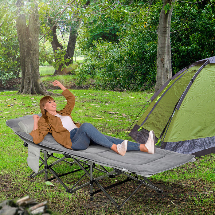 Outsunny Folding Camping Cot For Adults With Mattress Pillow Light Grey