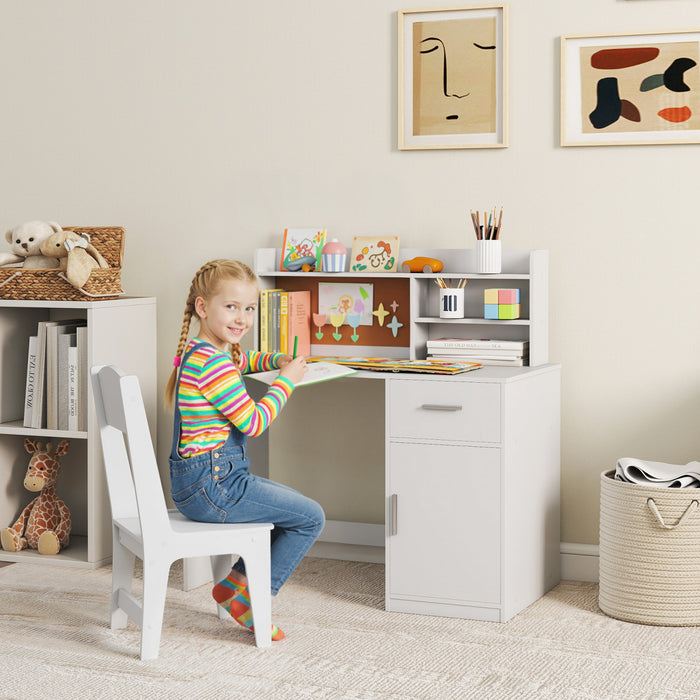 Qaba Kids Desk and Chair Set, Kids Study Table and Chair Set with Storage Hutch, Drawer, Cabinet, Compartments, Cork Board, Student Writing Desk for Bedroom, School, Study Room
