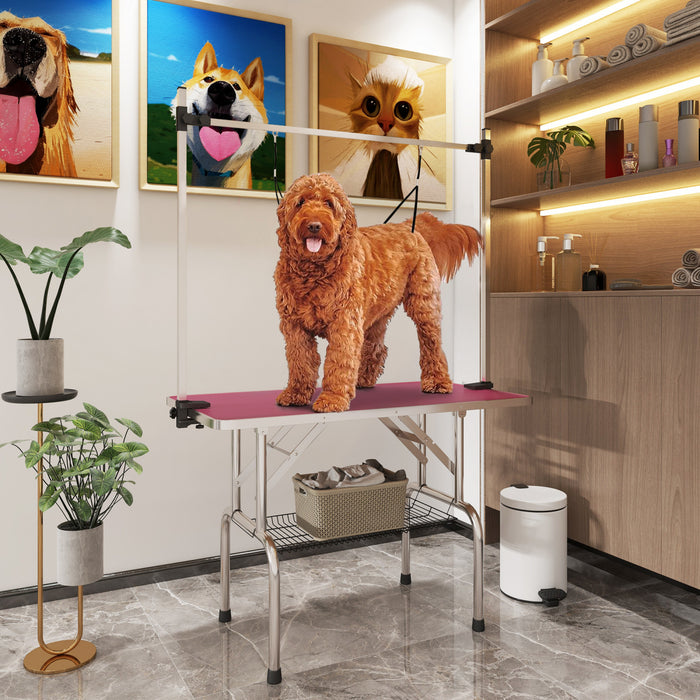 Pawhut Adjustable Dog Grooming Table Rubber Top 2 Safety Slings Mesh Storage Basket Heavy Metal Pink 42.25\"x 23.5\" X 67\"