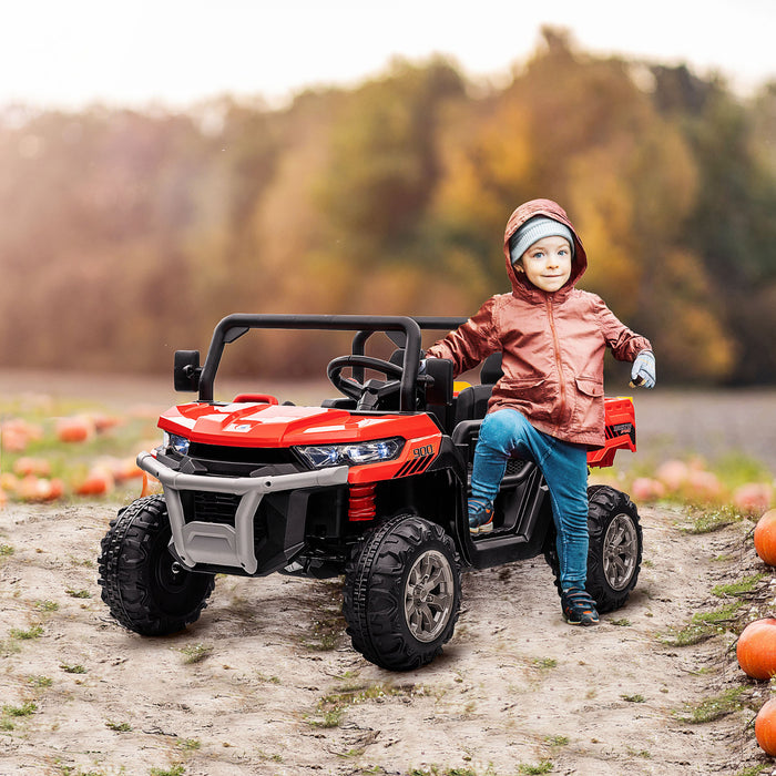 Aosom 12v Ride On Car With Electric Bucket, Two-seater Battery-powered Cars For Kids With Shovel, Remote Control, Spring Suspension, Horn, Music, Red