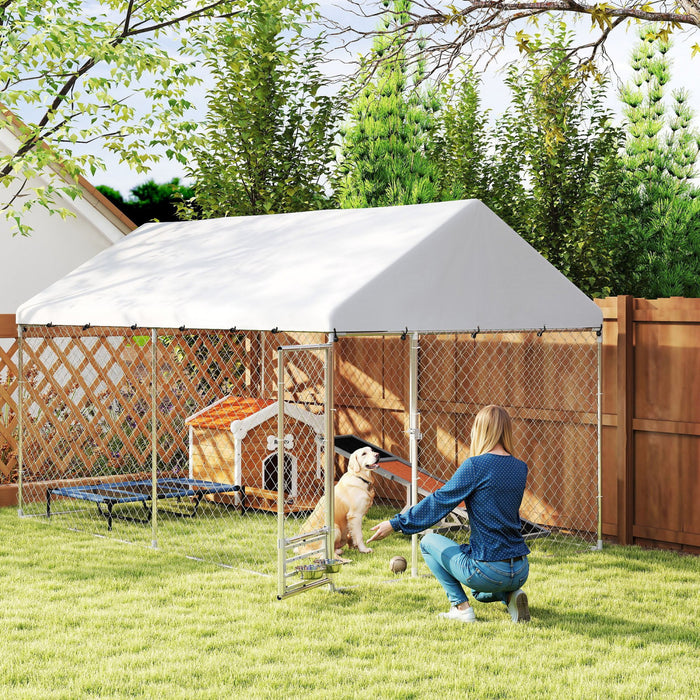 Pawhut Outdoor Dog Kennel With Roof, Heavy Duty Dog Run Outdoor Fence Cage With Adjustable & Rotating Bowls, Waterproof Uv-resistant Cover, Secure Lock, 13.1' X 7.5' X 7.5'