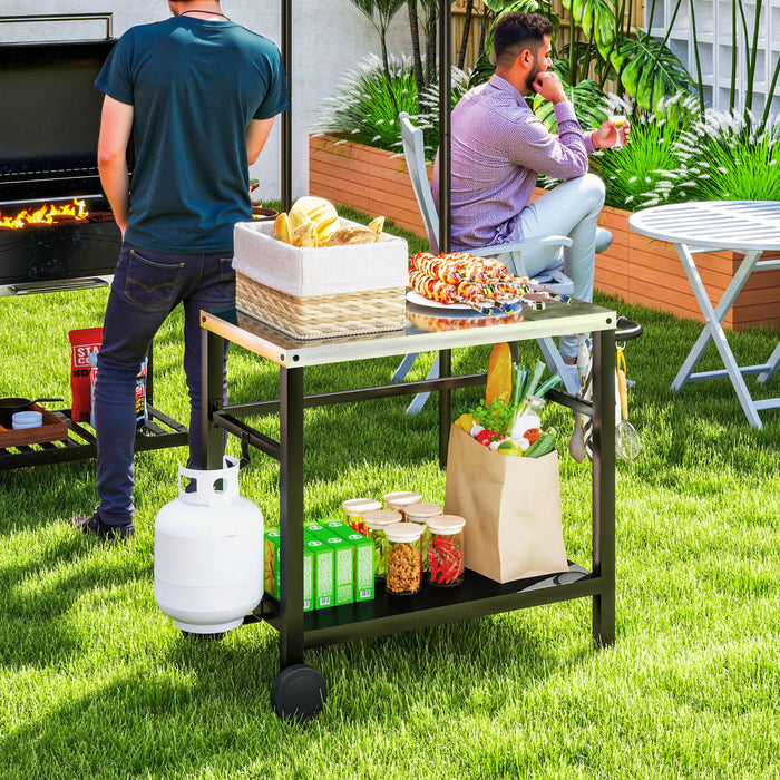 Outsunny Outdoor Grill Dining Cart with Stainless Steel Tabletop, 2-Shelf BBQ Movable Pizza Oven Stand with Shelf, Hooks, Wheels, Charcoal Grey