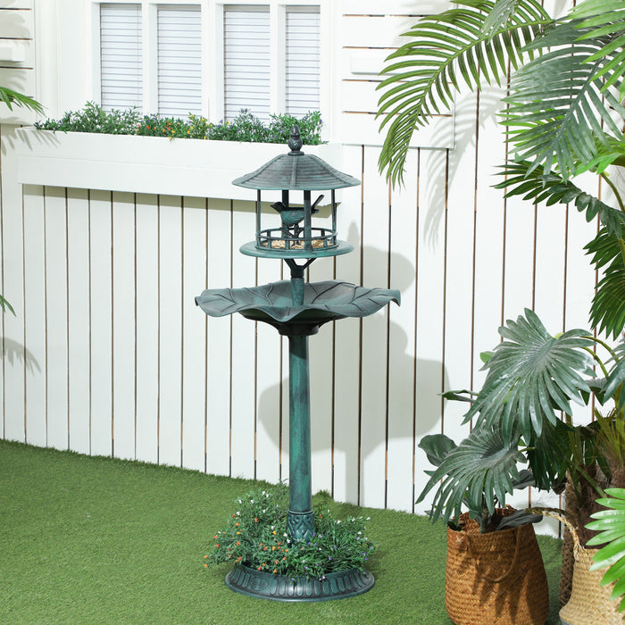 Outsunny 3-in-1 Garden Bird Bath Bowl Pedastal with Bird Feeder, Green