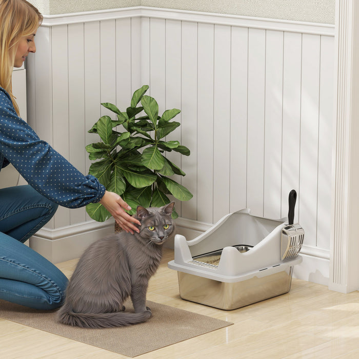 PawHut Cat Litter Box Stainless Steel, High Sided with Metal Litter Scoop, Never Absorbs Odors, Anti Leakage & Easy to Clean, 17\" x 13\" x 10\", Grey