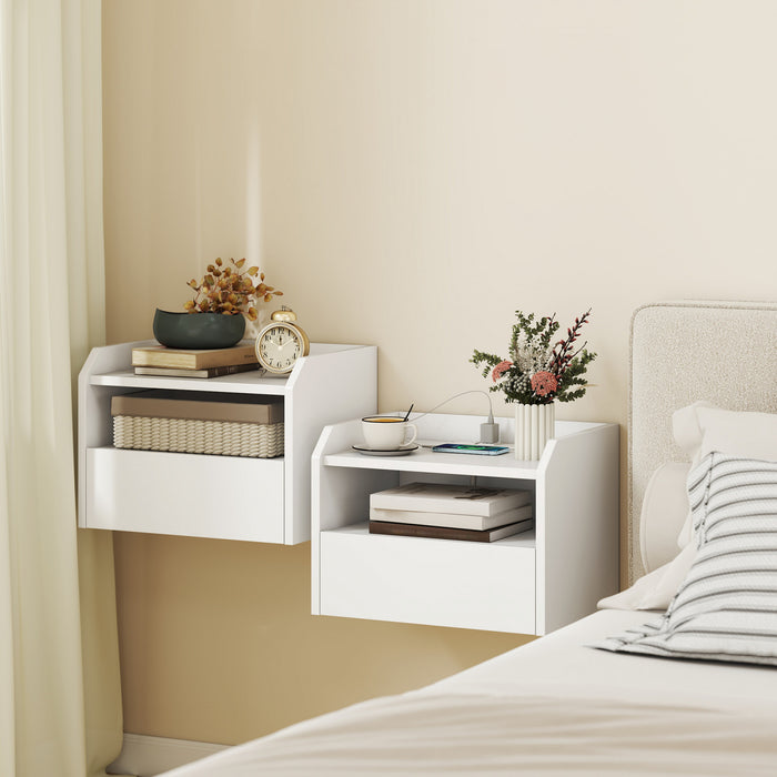 HOMCOM Set of 2 Floating Nightstand w/ Charging Station Bedside Table White