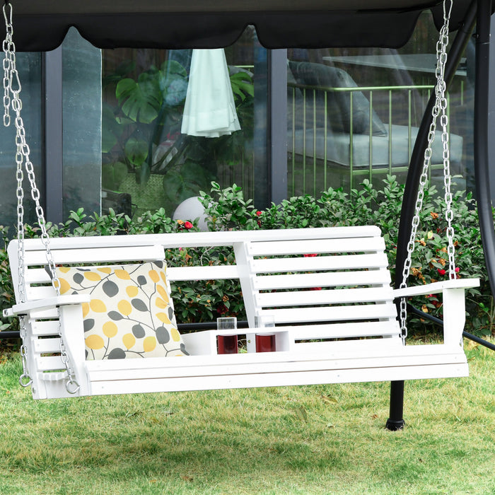 Outsunny 2 To 3 Seater Porch Swing Wood Patio Swing Chair Swing Bench With Foldable Table, Cup Holders, Steel Chains Garden, Patio, Yard, White