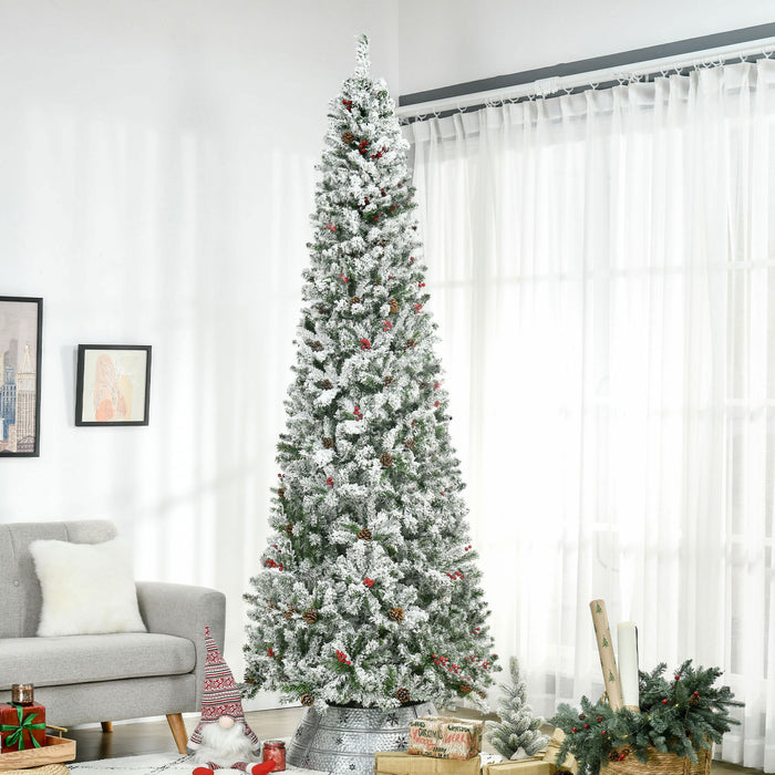 Homcom 9ft Snow Artificial Christmas Tree With Pine Cone, Red Berry