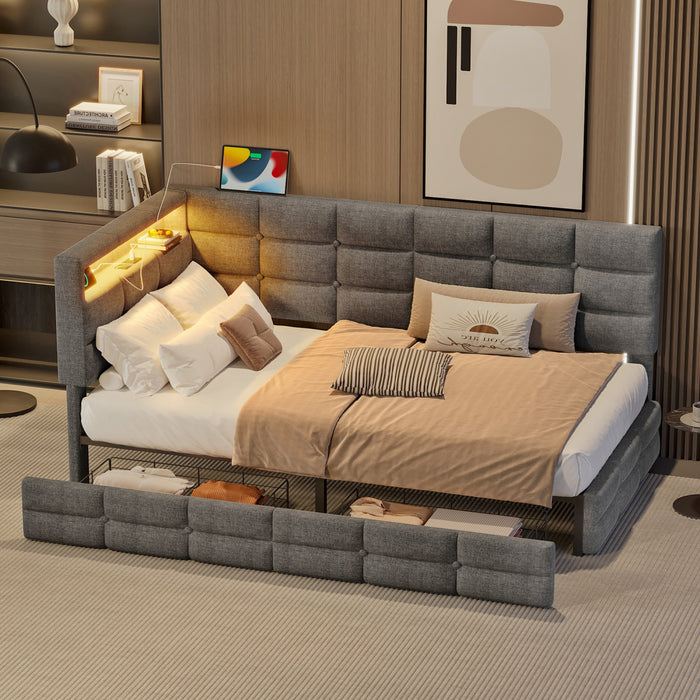Sophia Upholstered Daybed with LED Lights and Storage Drawers,Twin Size,Grey
