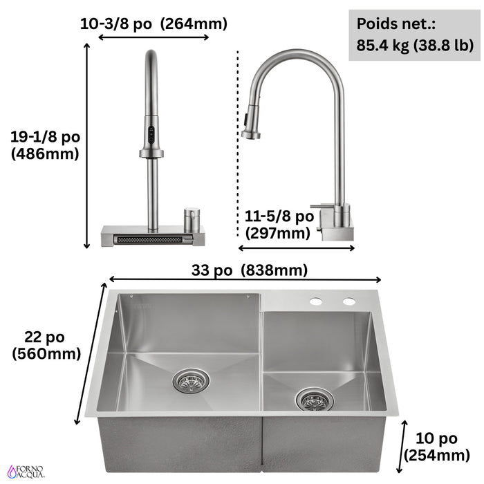 MultiSINK 33 in. D10in. Dual Mounted 60/40 Workstation Kitchen Sink, Waterfall Faucet,Stainless Steel - H-XN30 Laundry Combo
