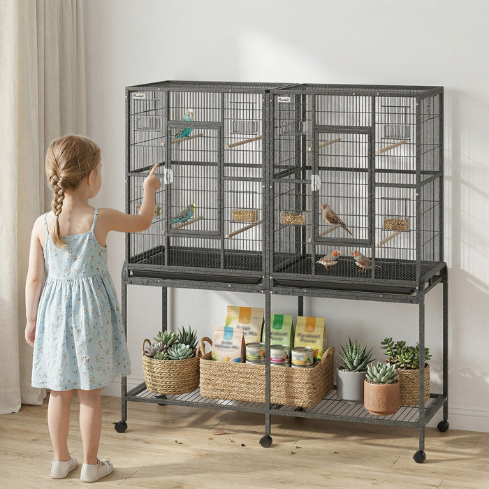 PawHut 56\" Large Bird Cage, Rolling Metal Parrot Cage, Bird House with Detachable Rolling Stand, Storage Shelf, Wood Perch, Food Container, 50\" x 17\" x 56\", Black