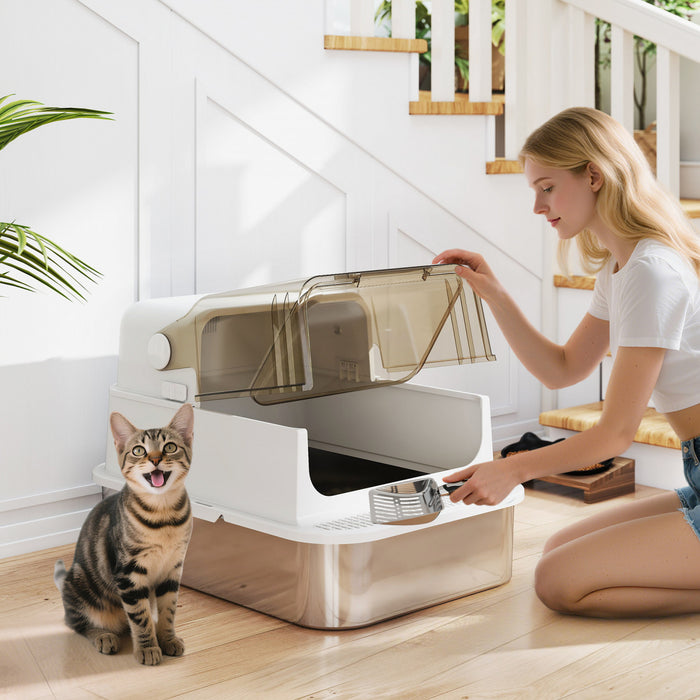 PawHut Extra Large Stainless Steel Cat Litter Box, XXL Enclosed Kitty Litter Box with Flip Lid & Scoop, Easy Clean, No Odours, Leak-Proof, for All Breed Sized Cats, White