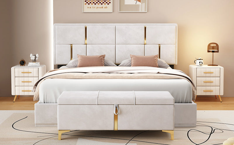 Nicole 2 Piece Bedroom Set With Upholstered Platform Bed And Ottoman Bench,queen Size,beige Queen Bed