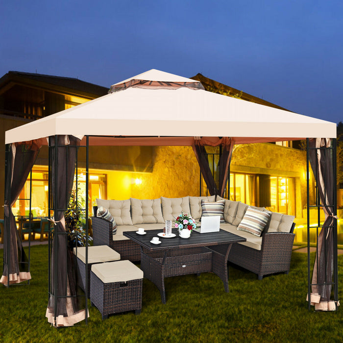 10x10ft Metal Gazebo W/ Mosquito Netting Canopy Gazebo 2 Tier Vented Gazebo Top