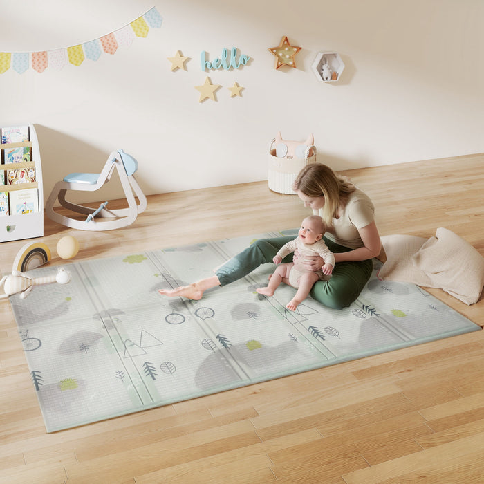Qaba Baby Play Mat, 79\" x 59\" x 0.4\", Foldable and Reversible Large Foam Playmat, Waterproof & Anti-Slip Portable Baby Floor Mat for Toddlers, Indoor Outdoor Use, Track & Elephant