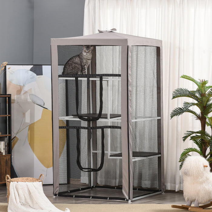Pawhut Large Catio Outdoor Cat Enclosure Cat House Indoor Kitten Cage Pet Kennel With 3 Platforms, Zippered Doors, And 4 Sandbags 39\" X 39\" X 79\"
