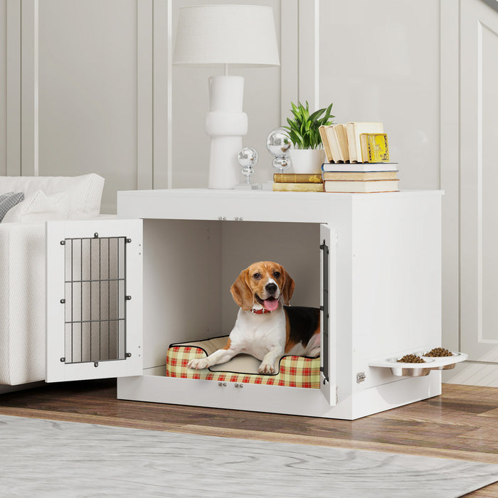 Pawhut 31.5in Dog Crate Furniture With 360° Rotatable Removable Dog Bowls, Dog Kennel Side End Table With Two Doors, For Medium Dogs, 31.5\" X 24\" X 25\", White