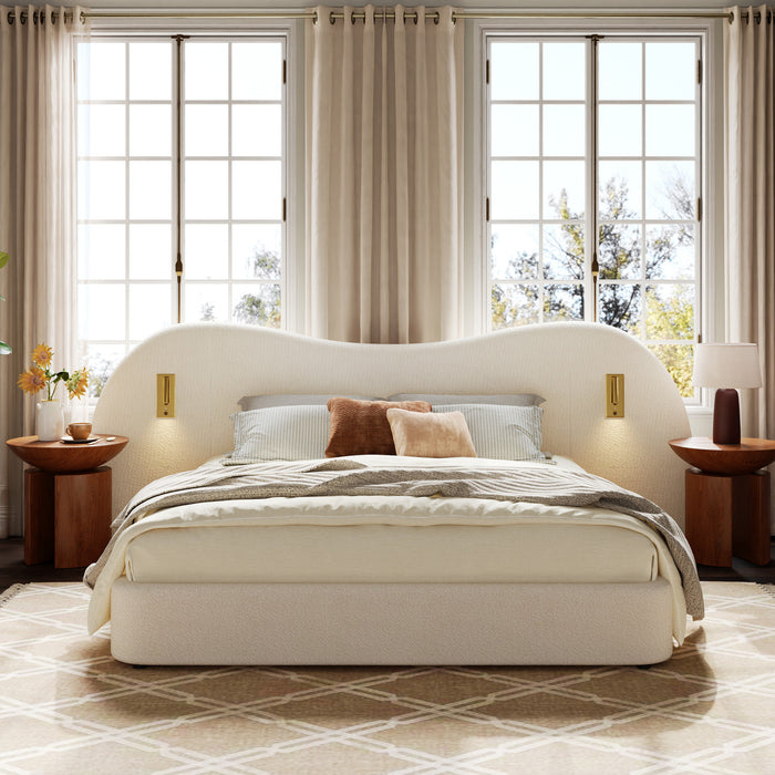 Garcia Cloud-Shaped Boucle Upholstered Bed with Built-In Reading Lights and USB Ports,King Size,White King Bed