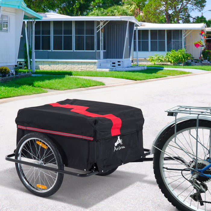 Aosom Bicycle Trailer Bike Cargo Trailer Garden Utility Cart Tool Carrier With Removable Cover, Red