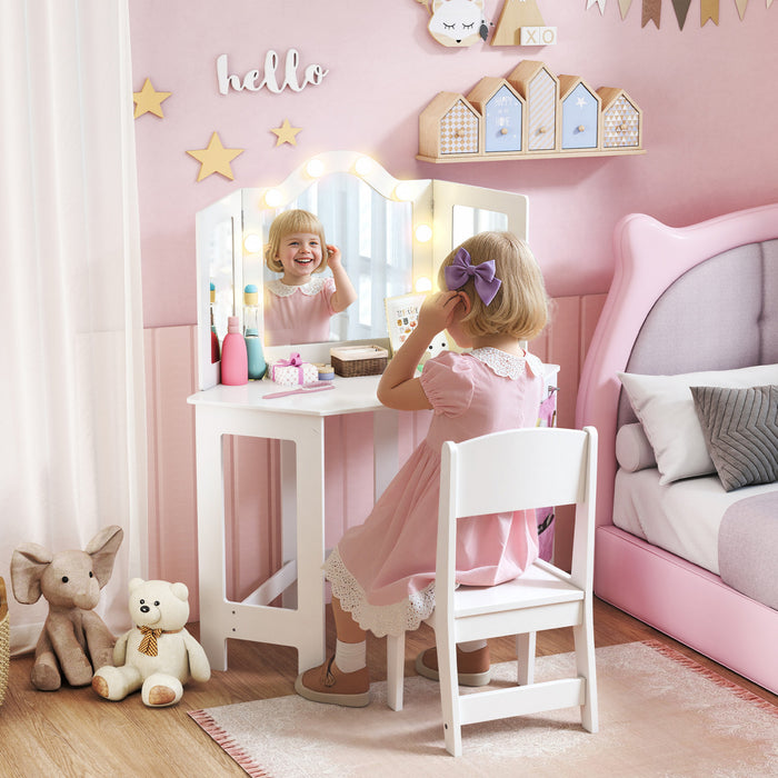 Qaba Kids Vanity Table and Chair Set with Lights, 2 in 1 Makeup Dressing Table with Tri-Fold Mirror and Side Storage Pocket, Pretend Play Vanity for Ages 3-8 Years, White