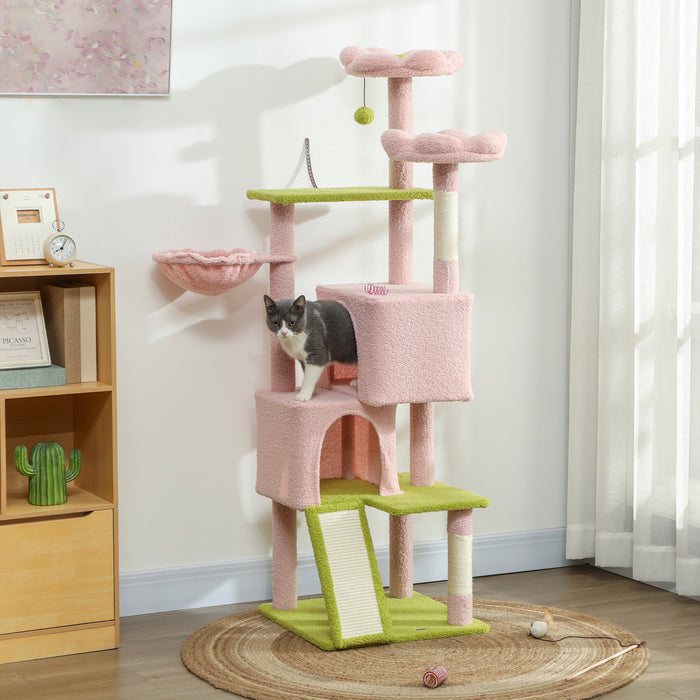 PawHut 62\" Flower Cat Tree, Multi-Level Large Cat Tower with 2 Condos, 2 Beds, Hammock, Sisal Scratching Posts & Pad, Plush Perch, Platforms, for Indoor Kittens, Pink