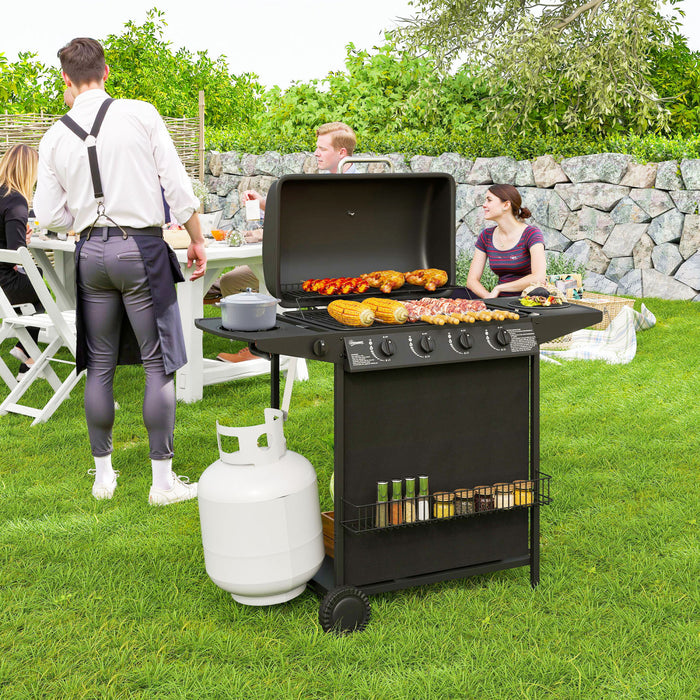 Outsunny 4+1 Burner Propane Gas BBQ Grill with Side Burner, Portable Gas Barbecue Grill featuring Thermometer, Lid, Side Table, Shelf, Spice Rack, Wheels, Grease Cup for Garden, Black