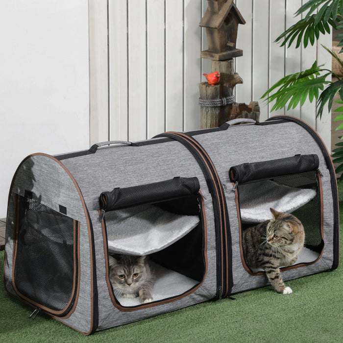 PawHut 39\" Travel Pet Carrier, Portable Soft-Sided Cat Carrier with Divider, Two Compartments, Soft Cushions & Storage Bag, Grey