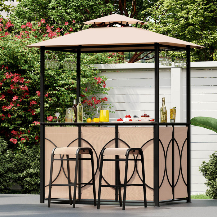 Costway 6.5 X 4 X 8 Ft Grill Gazebo Set With 2 Bar Stools, Tempered Glass Bar Table Brown