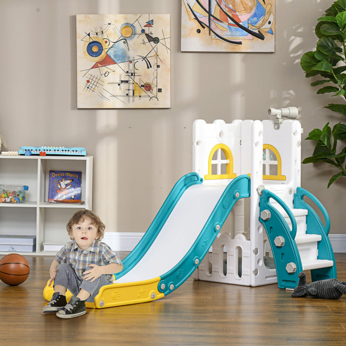 Qaba Toddler Slide, 4 In 1 Slide For Kids Aged 1-3 Years With Basketball Hoop, Climber, Telescope, Storage Basket, For Indoor Use, Yellow