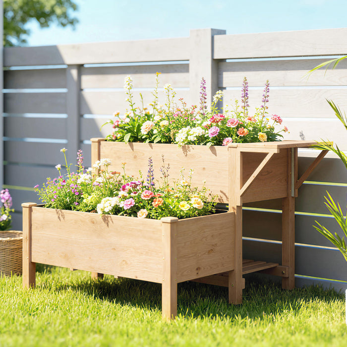 Outsunny Wooden Raised Garden Bed, 2-Tier Raised Planter with Shelf