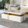 Noah Modern Coffee Table with Marble Pattern Top and Storage Drawers,White | Noah table basse moderne – table avec plateau a motif marbre et tiroirs de rangement, blanc