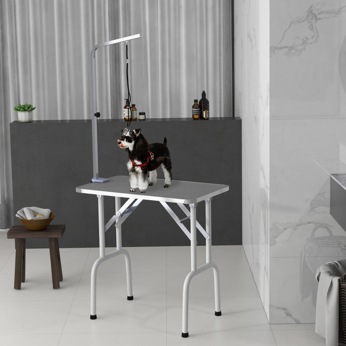 Pawhut 32in Foldable Dog Grooming Table For Small Dogs, Pet Grooming Table For Dogs Cats With Adjustable Arm, Non-slip Surface, Grey