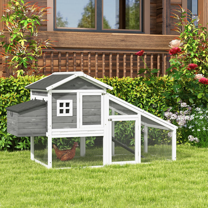 Pawhut 69\" Chicken Coop Wooden Hen House Rabbit Hutch Poultry Cage Pen Outdoor Backyard With Outdoor Run Nesting Box Removable Tray Waterproof Asphalt Roof Lockable Door Grey