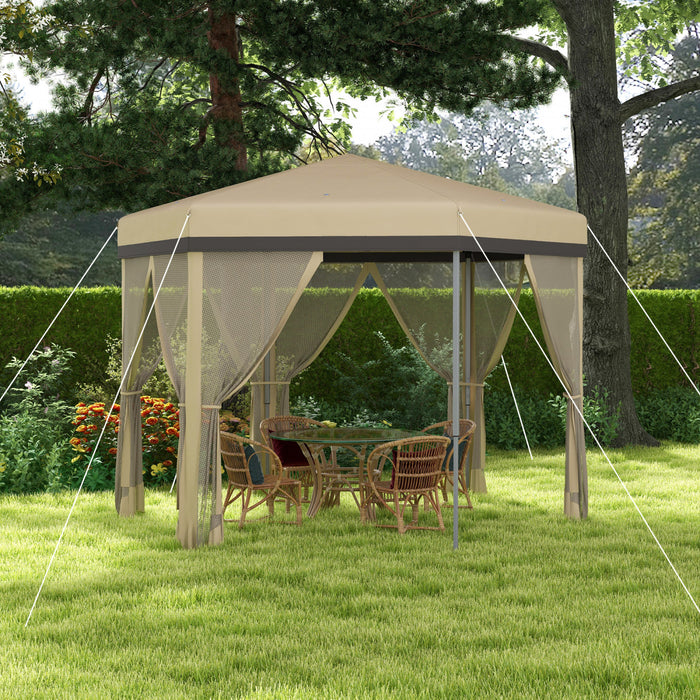 Outsunny 12x12 Pop Up Canopy Tent, Hexagon Gazebo With Mosquito Netting, Carry Bag, Stakes, Ropes, Height Adjustable Instant Sun Shelter For Outdoor, Garden, Patio, Khaki