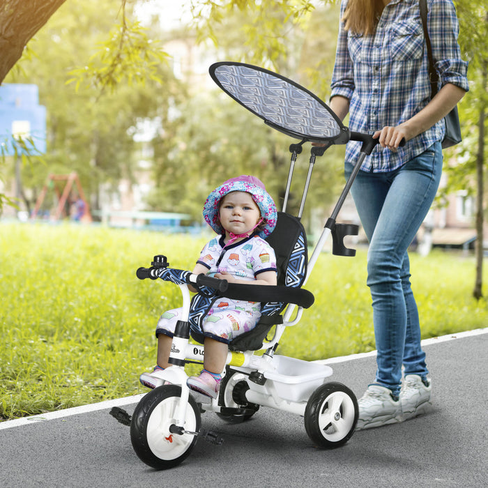 Qaba Kids Tricycle, 6 In 1 Push Bike Stroller With Removable Handlebar, Safety Fence And 5-point Harness, Canopy, Storage Basket, For Toddler 12-60 Months, Blue
