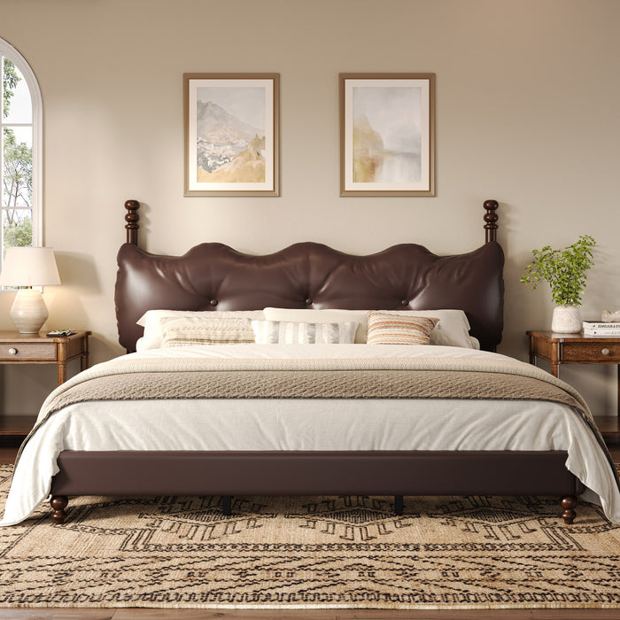 Emma Faux Leather Platform Bed Frame with Headboard,King Size,Dark Brown King Bed
