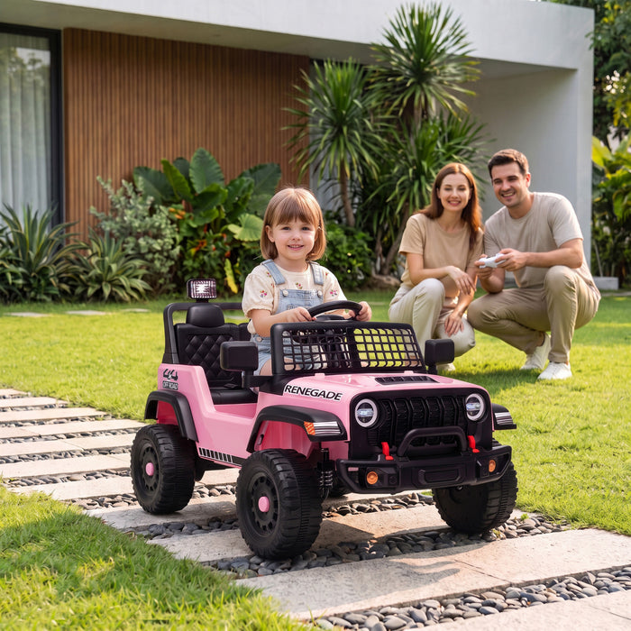 Qaba 12V Electric Car for Kids, Ride on Truck Car with Remote Control, Soft Start, 4-Wheel Suspension, Safety Belt, Lights and USB Music for Ages 2-4 Boys Girls, Pink