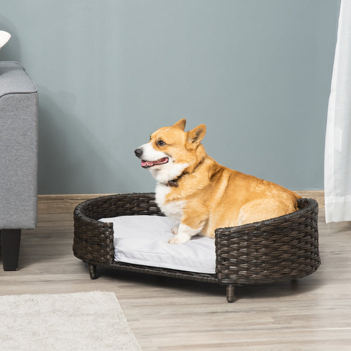 Pawhut Rattan Pet Sofa Indoor & Outdoor, Raised Wicker Dog Bed, Cat Couch, With Soft Cushion Washable Cover, For Small & Medium Dogs, Charcoal Grey