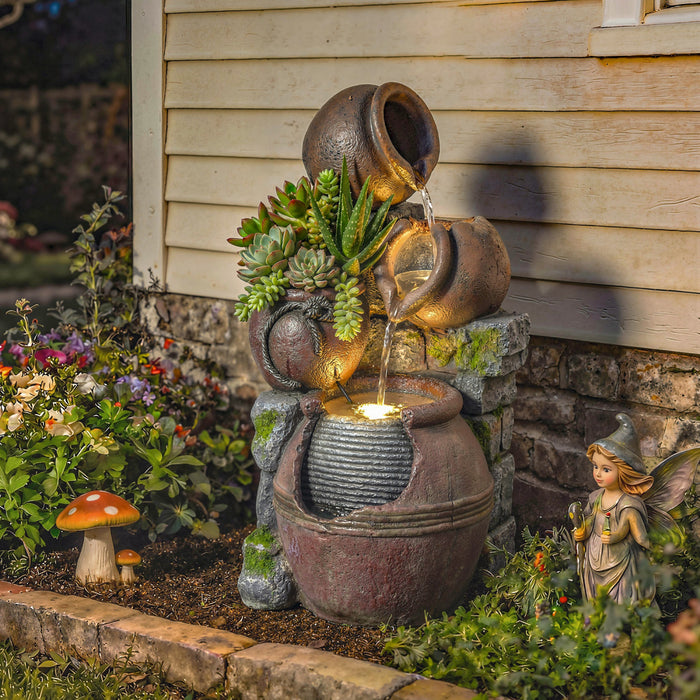 Outsunny Outdoor Fountain with LED Lights, Cascading Rock Waterfall