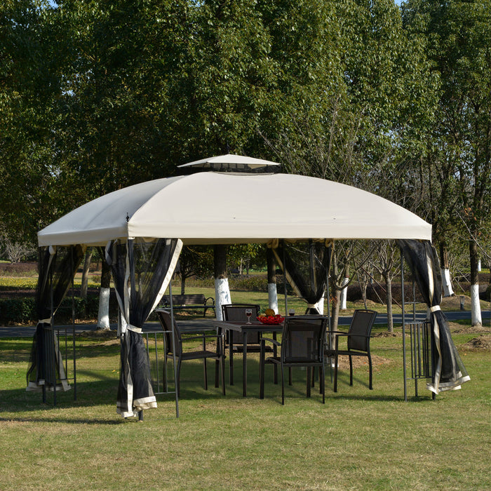 Outsunny 12' X 10' Outdoor Patio Gazebo Canopy With Double Tier Roof, Removable Mesh Sidewalls, Triangular Display Shelves, Beige