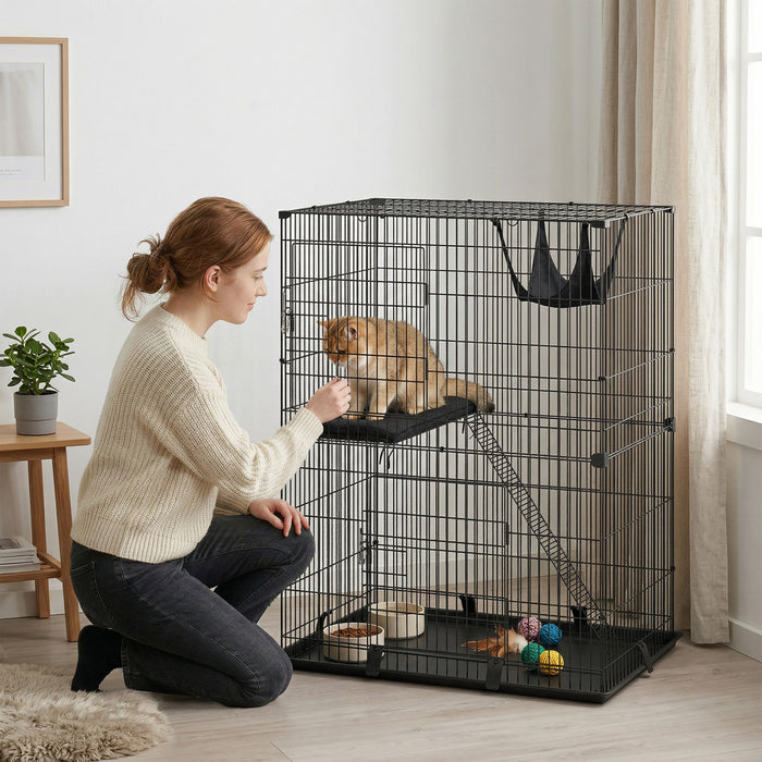 PawHut 2-Tier Cat Cage Indoor, Detachable Metal Wire Kennel with 2 Lockable Doors, Hammock, Ladder, Platform, Bottom Tray and Cushion for 1-2 Kittens, Black