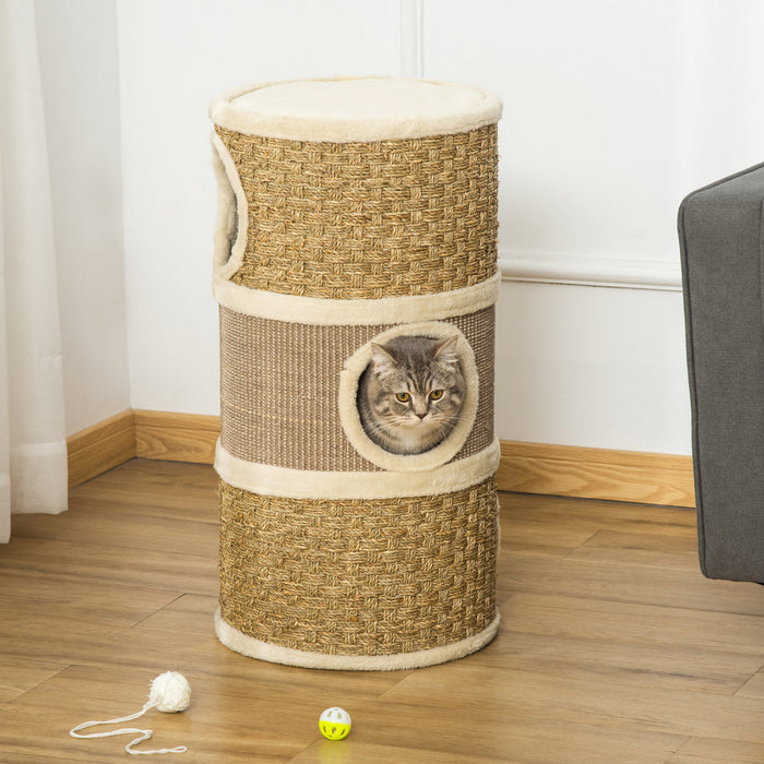 Pawhut Cat Condo 3 Story Three Holes With Sisal Seaweed Scratching Cover Surface, Cat Tower For Indoor Cats, 15\" X 28\", Khaki And Brown