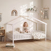 Qaba Twin Bed Frame, Solid Wood Montessori House Bed with Roof, Full Safety Guardrail for Kids Teens Girls Boys, No Box Spring Needed, White