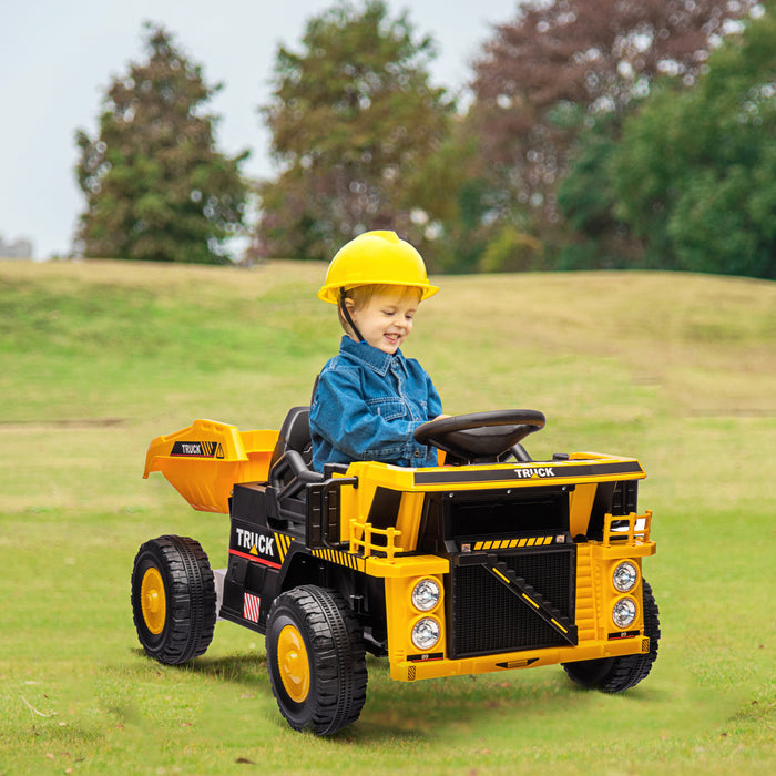Qaba Kids Powered Ride-On Dump Truck, 12v Ride On Car Construction Vehicle With Electric Dump Bed, Shovel, Spring Suspension Wheels, Music Led Headlights For Aged 3-5 Years