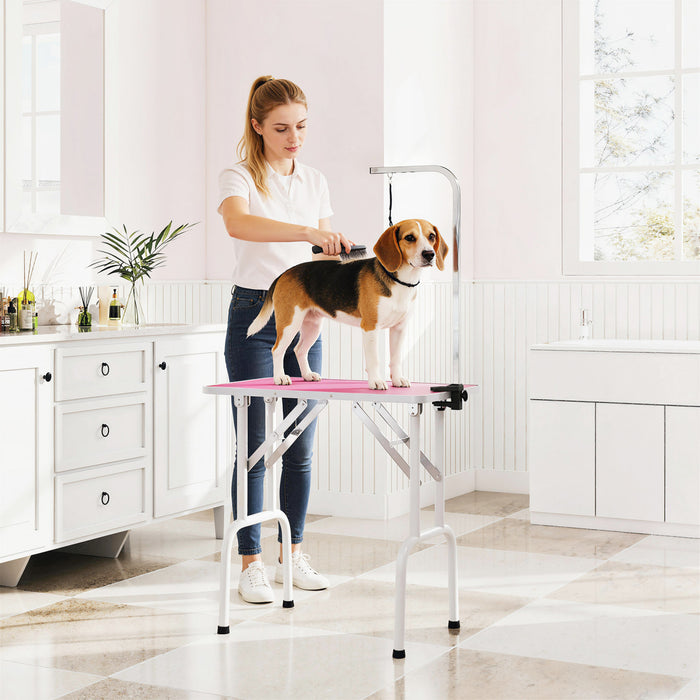 PawHut 32in Foldable Dog Grooming Table for Small Dogs, Pet Grooming Table for Dogs Cats with Adjustable Arm, Non-Slip Surface, Pink